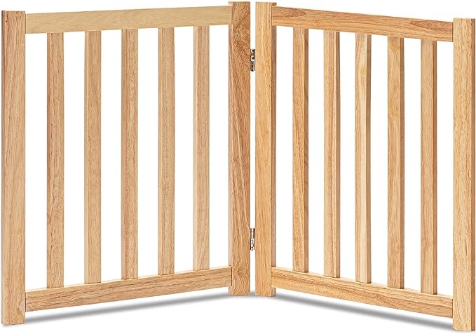 LZRS 2-Panel Wooden Free Standing Foldable Dog Gate – Solid Hardwood 24" High, Step-Over Safety Pet Gate for Doorways, Stairs & Small Spaces - Indoor Use, Natural