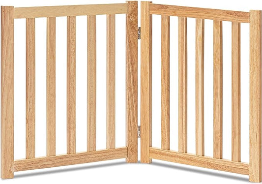LZRS 2-Panel Wooden Free Standing Foldable Dog Gate – Solid Hardwood 24" High, Step-Over Safety Pet Gate for Doorways, Stairs & Small Spaces - Indoor Use, Natural