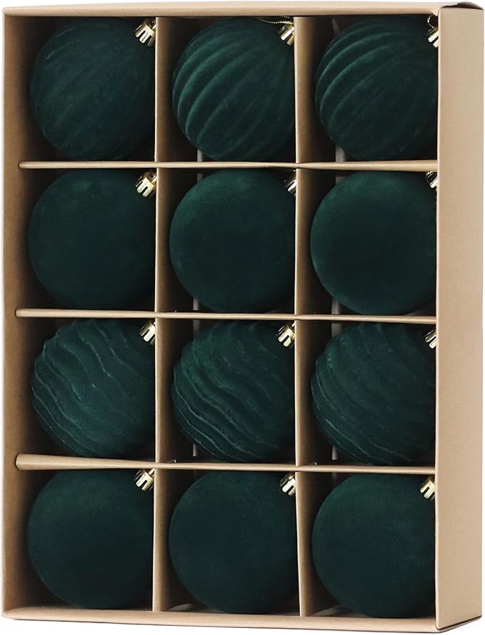 Senjie 3.15 inch Christmas Tree Ornaments Velvet Balls,12PCS Flocked Decoration Balls Ornaments Sets for Christmas 2025 Green