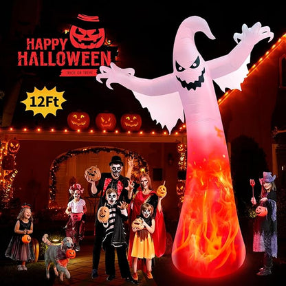 12FT Giant Halloween Inflatables Ghost with 3-Colored Flame Rotation LED Lights, Huge Spooky Halloween Decoration Outdoor Large Halloween Blow Up Yard Decorations Tall Blow-ups for Lawn Party (1PCS)