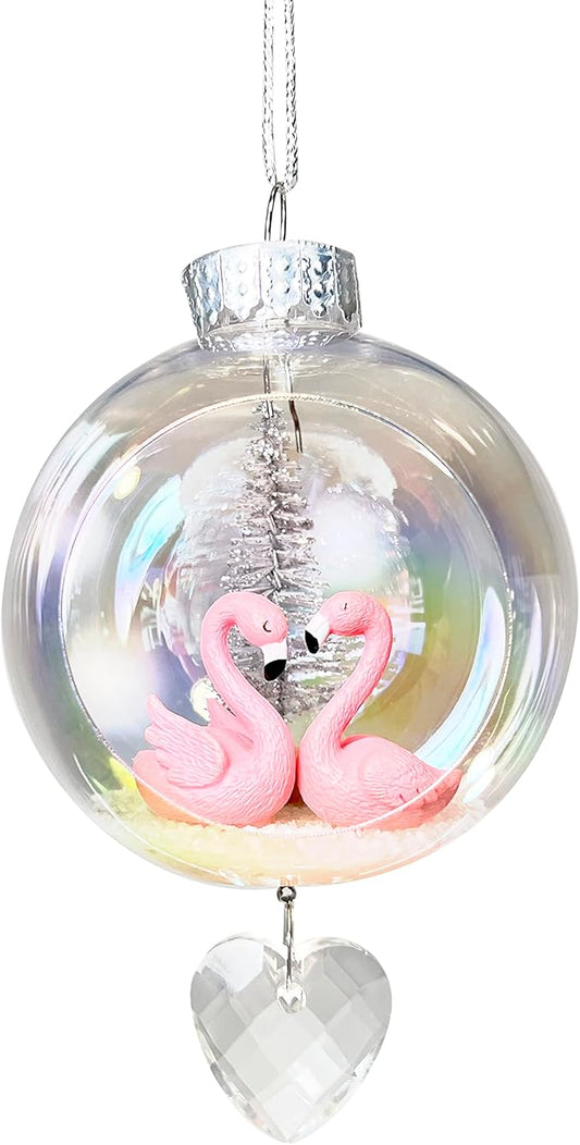 Flamingos Christmas Ornament - Handmade Shatterproof Decorations for Indoor Outdoor Xmas Tree - Clear Ball Ornaments with Magnetic Crystal - Great Gift or Stocking Stuffer for Mom, Sister, Friend
