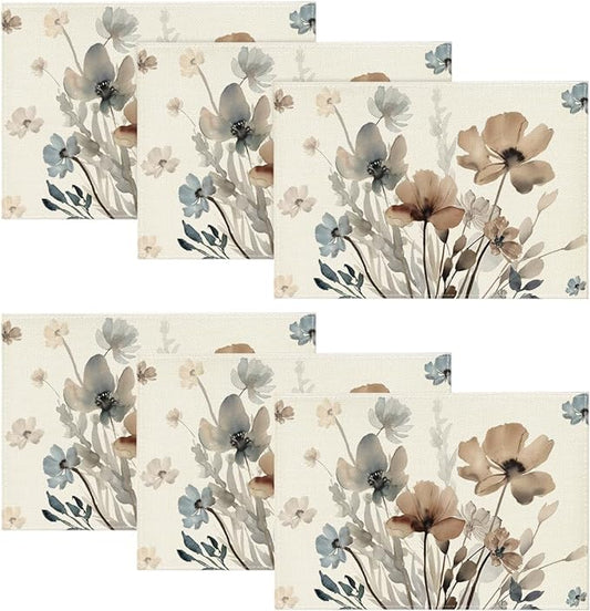 Artoid Mode Brown Poppy Floral Leaves Placemats Set of 6, 12x18 Inch Seasonal Summer Table Mats for Party Kitchen Dining Decoration
