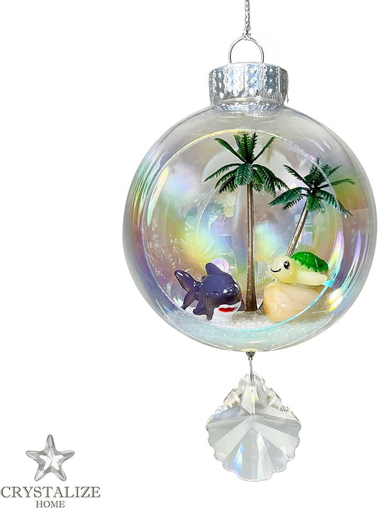 Shark & Turtle Christmas Ornament - Handmade Shatterproof Decorations for Indoor Outdoor Xmas Tree - Clear Ball Ornaments with Magnetic Crystal - Great Gift or Stocking Stuffer for Mom, Sister, Friend