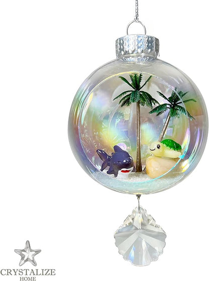 Shark & Turtle Christmas Ornament - Handmade Shatterproof Decorations for Indoor Outdoor Xmas Tree - Clear Ball Ornaments with Magnetic Crystal - Great Gift or Stocking Stuffer for Mom, Sister, Friend