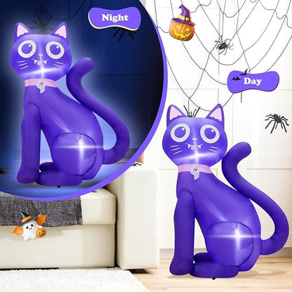 3.5FT Inflatable Decor Purple Cat Halloween Decoration with LED Lights Indoor Outdoor Halloween Horror Blow Up Decor Party Holiday Decoration