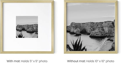 HAUS AND HUES 10x10 Gold Metal Picture Frames Matted to 5x5 - Features Premium Aluminum & Hanging Hardware, Shatterproof Plexiglass - Ideal for Home, Room, Office (10x10 in, Gold, Set of 9)