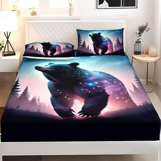 AILONEN Bear Fitted Sheet Set Full Size, Evening Starry Sky Forest Bear Bed Sheet Set Decor,Animal Bear Wildlife Fitted Sheet and 2 Pillowcases,3 Pieces