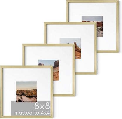 HAUS AND HUES 8x8 Gold Metal Picture Frames Matted to 4x4 - Features Premium Aluminum & Hanging Hardware, Shatterproof Plexiglass - Ideal for Home, Room, Office (8x8 in, Gold, Set of 4)