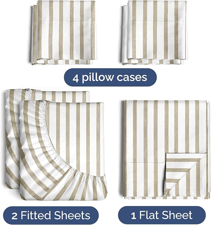 CGK Linens Split King 7 Piece Sheet Set - Cooling Sheets for Hot Sleepers - Hotel Luxury Bedding Set w/ 8-16 Inch Deep Pockets - 1 Flat & 2 Fitted & 4 Pillowcases - Soft & Wrinkle Free - Beige Stripes