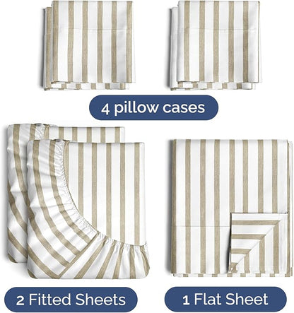CGK Linens Split King 7 Piece Sheet Set - Cooling Sheets for Hot Sleepers - Hotel Luxury Bedding Set w/ 8-16 Inch Deep Pockets - 1 Flat & 2 Fitted & 4 Pillowcases - Soft & Wrinkle Free - Beige Stripes