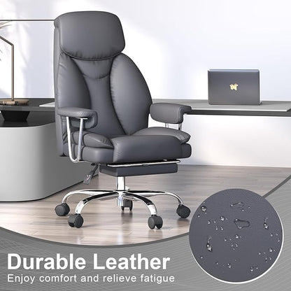 Big and Tall Office Chair, Ergonomic Leather High Back Executive Computer Desk Chair with Retractable Footrest and Padded Arms, 360°Swivel Free, 90-135°Reclining, 500lbs Wide Seat, Gray