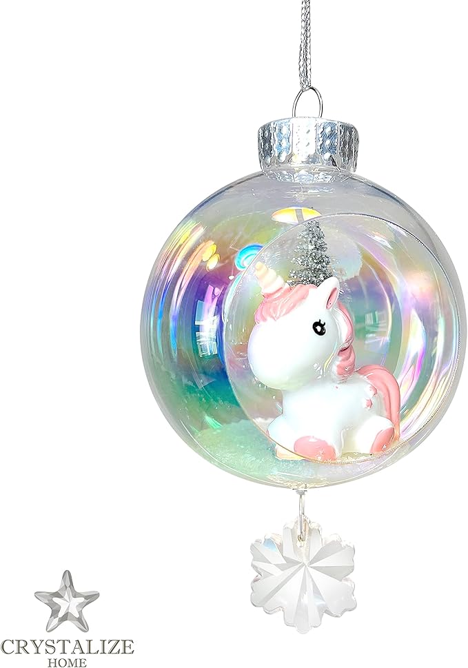 Baby Unicorn Christmas Ornament - Handmade Shatterproof Decorations for Indoor Outdoor Xmas Tree - Clear Ball Ornaments with Magnetic Crystal - Great Gift or Stocking Stuffer for Mom, Sister, Friend