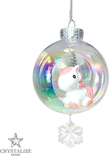 Baby Unicorn Christmas Ornament - Handmade Shatterproof Decorations for Indoor Outdoor Xmas Tree - Clear Ball Ornaments with Magnetic Crystal - Great Gift or Stocking Stuffer for Mom, Sister, Friend