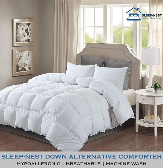 SLEEP-NEST Hotel Luxury King Comforter 102 x 90 - All Season Bedding 1 Piece Down Alternative Box Stitched Comforter with 8 Tabs - 350 GSM, Ultra Soft, Lightweight & Breathable Quilt - White