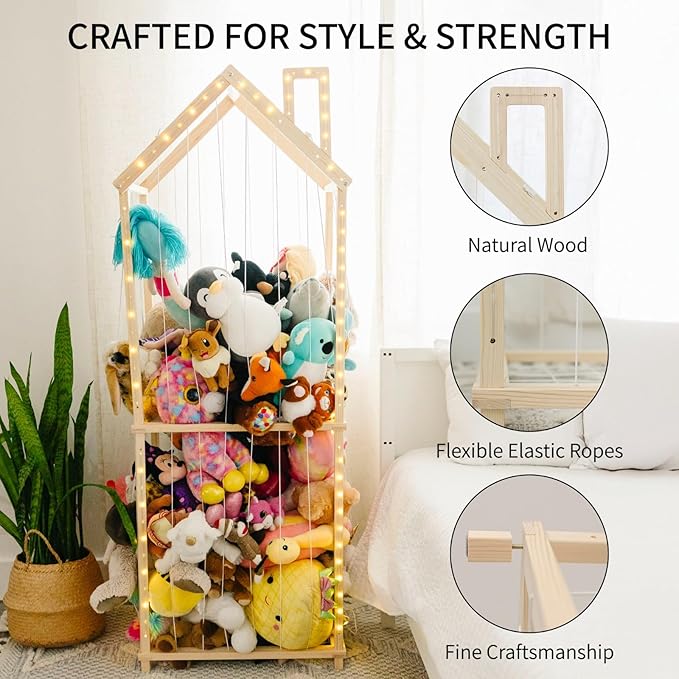 PUTSKA Extra Large Stuffed Animal Storage Zoo with LED Lights - Wooden Stuffed Animal Holder and Organizer, Stuffy & Plushies Storage, Space-Saving Plush Toy Holder for Nursery, Playroom or Kids Room