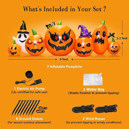 9FT Halloween Inflatable Pumpkin Decorations with Ghost, Black Cat & Built-in LEDs - Blow Up Outdoor Yard Decor for Lawn, Garden, Porch