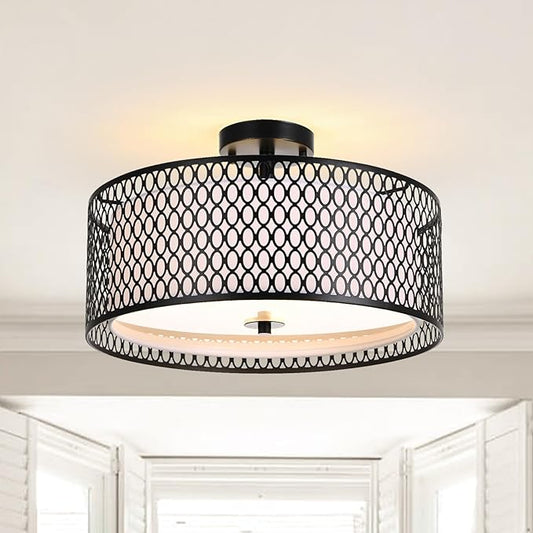 17" Semi Flush Mount Ceiling Light Fixture, Modern 3-Light E26 Double Drum Ceiling Lighting with Matte Black Iron Mesh Cage for Living Room Bedroom Hallway Entryway, Black