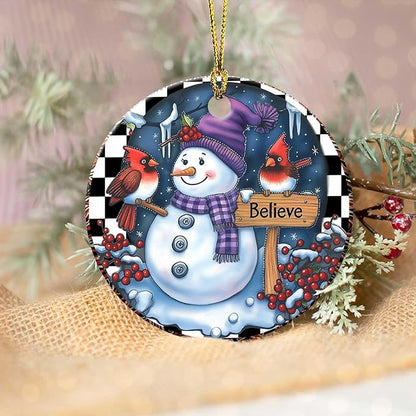 Snowman Cardinal Ornaments Believe Round Ceramic Ornament Christmas Keepsake Decor for Christmas Tree Winter Holiday Xmas Gift for Women Men Hanging Ornament 3"