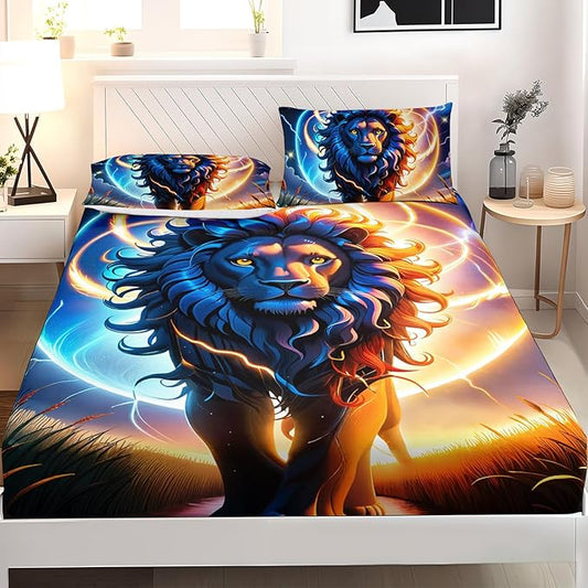 AILONEN Lion Fitted Sheet Set Full Size, Constellation Lightning Lion Bed Sheet Set for Boys Girls,Blue Sky Starry Animal Lion Breathable Fitted Sheet and 2 Pillowcases,3 Pieces