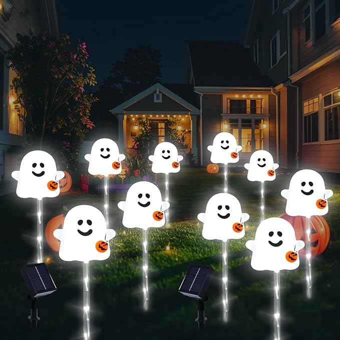Solar Halloween Ghost Pathway Lights, 10 Pack - Outdoor Ghost Stake Lights with Pumpkin Design, Solar Powered Auto-On, Waterproof Halloween Decor for Garden, Walkway, Yard, Party (Transparent)