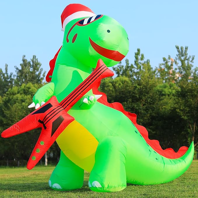 DomKom 8FT Christmas Inflatable Decorations Dinosaur with Guitar, Giant Outdoor LED Lights Holiday Blow up Rex Yard Decoration for Holiday Party Outdoor Garden Yard Lawn Winter Décor