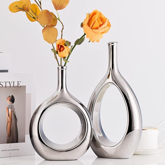Glossy Silve Ceramic Vase Set 2,Modern Hollow Circle with Hole Flower Vase for Home Decor,for Table Centerpieces,Farmhouse,Fire Place,Living Room,Bedroom,Office,Bookshelf,Rustic Decor