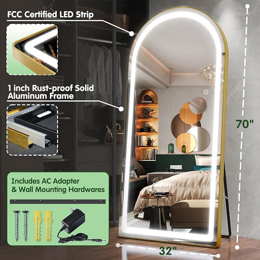 FENNIO Full Length Mirror with Lights, 71"x32" LED Full Body, Free Standing Lighted Floor Mirror, Wall Mounted Hanging Mirror for Bedroom, Salon, 3-Color Lighting [Tempered Glass]