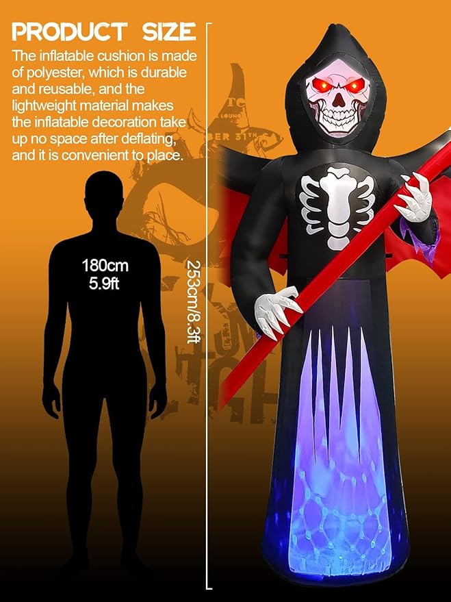 Kalolary 8.3FT Length Halloween Inflatables Outdoor Scythe Ghost Reaper, Blow Up Yard Lawn Decorations Clearance with LED Lights Up Built-in for Halloween Party Indoor, Outside Yard, Law Garden Decor