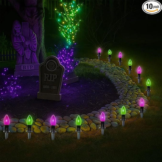 Halloween Stake Lights, 10PK C9 LED Pathway Lights with Purple & Green Bulbs, 19.5ft Outdoor Walkway Lights, Waterproof, Extendable Yard, Driveway, Porch & Garden Halloween Decorations