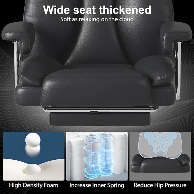 Big and Tall Office Chair, Ergonomic Leather High Back Executive Computer Desk Chair with Retractable Footrest and Padded Arms, 360°Swivel Free, 90-135°Reclining, 500lbs Wide Seat, Black