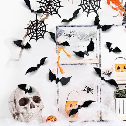 Halloween Wall Stickers 28Pcs Bat Wall Decor 3D Self Adhesive Halloween Wall Decals Horror Black Bats Wall Decorations Reusable Window Stickers for Halloween Party Home Room Art DIY Accessories