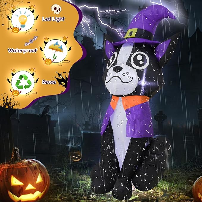 4FT Halloween Inflatable Decor Dog Purple Hat Halloween Blow Up Decoration with LED Lights Indoor Outdoor Yard Graden Party Holiday Decor