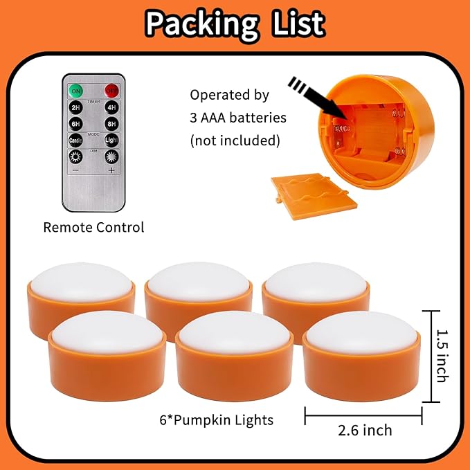 Halloween LED Pumpkin Lights, 6 Pack Battery Operated Jack-O-Lantern Lights with Remote Control and Timers, Orange Flickering Flameless Candles Ideal for Halloween Pumpkin Decorations