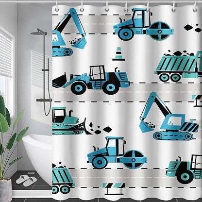 AILONEN Cartoon Kids Truck Shower Curtain,Waterproof Durable,Blue Forklift Truck Excavator Bath Curtain for Boys Girls,Construction Themed Bathroom Decor with 12 Plastic Hooks, 72" W x 72" H