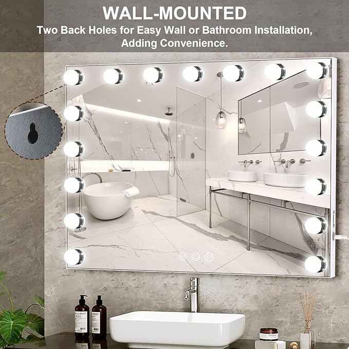 Kottova Large Vanity Mirror with Lights,24.4"x 21.2",Hollywood Vanity Makeup Mirror with 3 Color Lights, 17 LED, USB Charging Port,Detachable 10X Spot Mirror,Touch Control,White