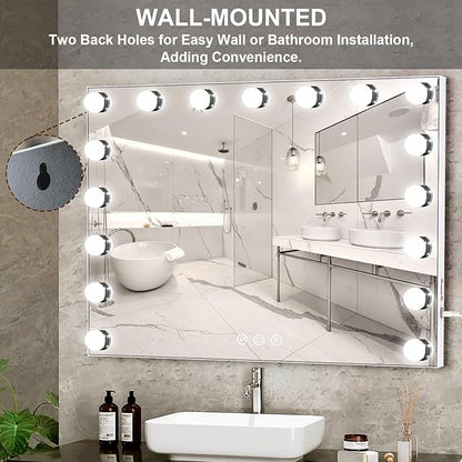 Kottova Large Vanity Mirror with Lights,24.4"x 21.2",Hollywood Vanity Makeup Mirror with 3 Color Lights, 17 LED, USB Charging Port,Detachable 10X Spot Mirror,Touch Control,White