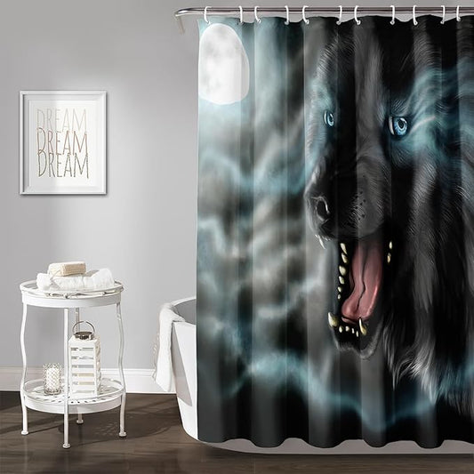 AILONEN Howling Wolf Shower Curtain,Cloud Moon Wolf Bath Curtain,Wildlife Wolf Polyester Waterproof for Bathroom,72" W*72" H with 12 Plastic Hooks