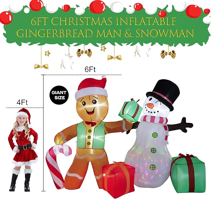 COOLWUFAN 6 FT Christmas Decorations Outdoor Inflatables Gingerbread Man Snowman Blow Up Yard Decor, Outdoor Inflatables Decorations with Rotating LED Light for Garden Patio Lawn Holiday Party Xmas