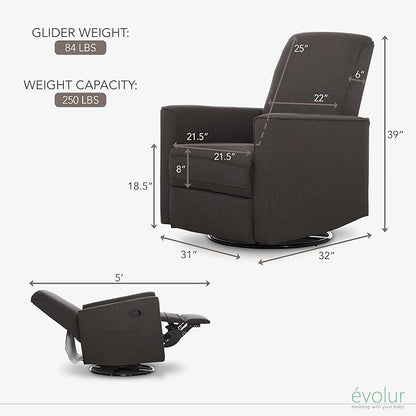 Evolur Raleigh Upholstered Plush Seating Glider Swivel, Rocker, Recliner, Glider for Nursery in Charcoal, Greenguard Gold Certified, Modern Nursery Recliner, Environmentally Conscious Glider