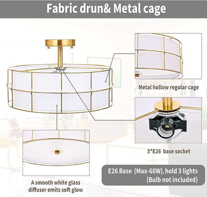 16" Semi Flush Mount Ceiling Light Fixture, 3-Light Golden Metal Mesh Drum Ceiling Light, Modern Close to Ceiling Light Fixtures with White Fabric Shade for Bedroom Living Room Kitchen Hallway