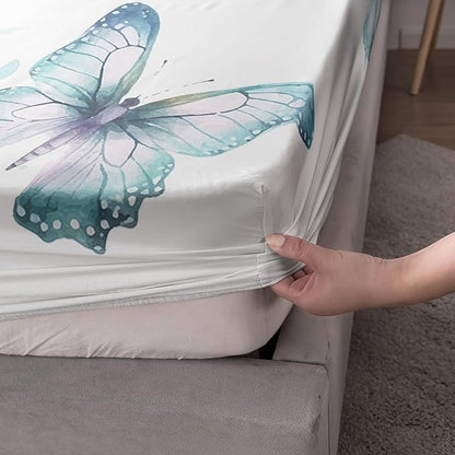 AILONEN Wolf Fitted Sheet Set Queen Size, Blue Tie Dye Wolf Bed Sheet Set Decor,3 Pieces Moon Wolf Sheet Set,Modern Watercolor Wolf and Butterfly Fitted Sheet with 2 Pillowcases