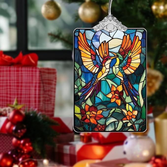 Birds Stained Glass Ornament, 2025 Christmas Tree Hanging Decoration for Gift Exchange or Stocking Stuffer, Holiday Decor, 3.8 x 2.4 Inch