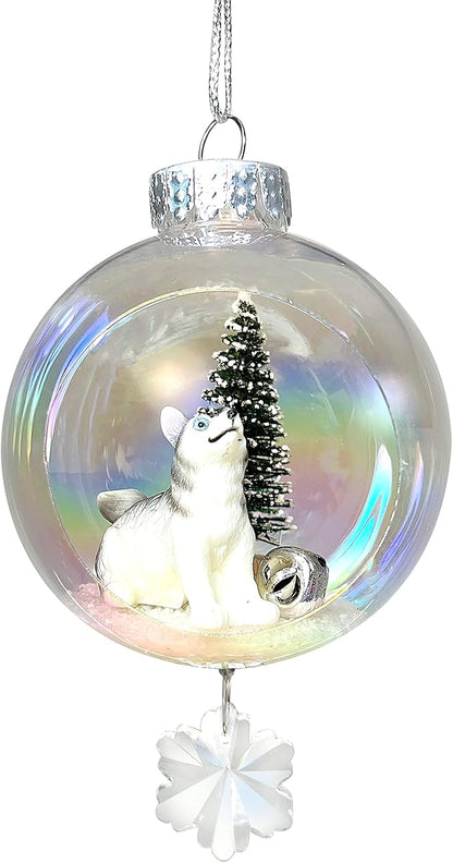 Wolf Christmas Ornament - Handmade Shatterproof Decorations for Indoor Outdoor Xmas Tree - Clear Ball Ornaments with Magnetic Crystal - Great Gift or Stocking Stuffer for Mom, Sister, Friend