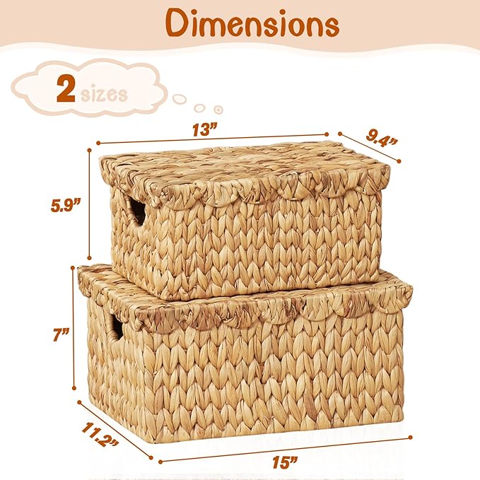 FairyHaus Wicker Basket with Lid, Scalloped Wicker Storage Basket with Removable Tray Lid, Handwoven Natural Water Hyacinth Bakests with Handles for Nursery 2Pack, 15 x 11.22 x 7 & 13 x 9.45 x 5.9