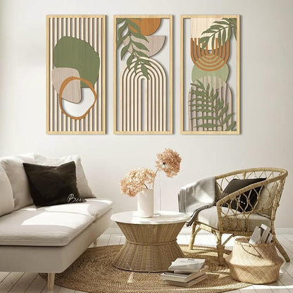 IARTTOP Large Sage Green Abstract Boho Wall Art Set Of 3 Geometric Wood Wall Art Mid Century Modern Artwork Neutral Bohemian Wall Decor for Living Room Bedroom Office-16 x 32 Inch