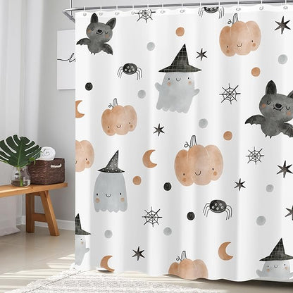 Cute Halloween Kids Shower Curtain 60"X72" Pumpkin Ghost Spooky Funny Shower Curtain Set for Bathroom Girls Boys Cartoon Lovely Waterproof Bathtub Curtain Bat Bathroom Curtain with Hooks