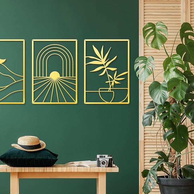 Sokurdeg Boho Metal Wall Art, Gold Minimalist Wall Decor, Bohemian Abstract Line Metal Art Wall Decor, Gold Boho Wall Art for Bedroom Bathroom Living Room (3 Pack, 12 x 17 in)