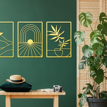 Sokurdeg Boho Metal Wall Art, Gold Minimalist Wall Decor, Bohemian Abstract Line Metal Art Wall Decor, Gold Boho Wall Art for Bedroom Bathroom Living Room (3 Pack, 12 x 17 in)