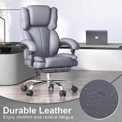 Big and Tall Office Chair, Ergonomic Leather High Back Executive Computer Chair with Retractable Footrest, Adjustable Headrest, Padded Arms, 360°Swivel Free, 90-135°Reclining, 500lbs Wide Seat, Gray
