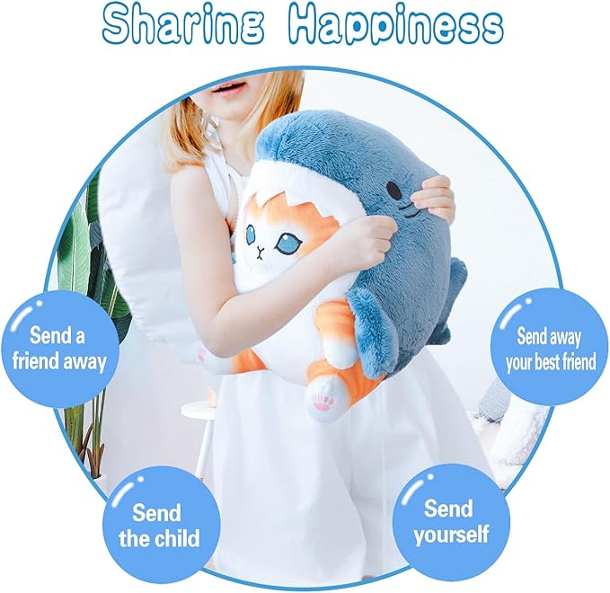 Kawaii Shark Cat Plush Toy Stuffed Animal Doll, Cute Soft Pillow Stress Release Hugs Toys Christmas Halloween Birthday Gifts for Kids Boys Girl Best Gift (Blue - Yellow,19 inch)